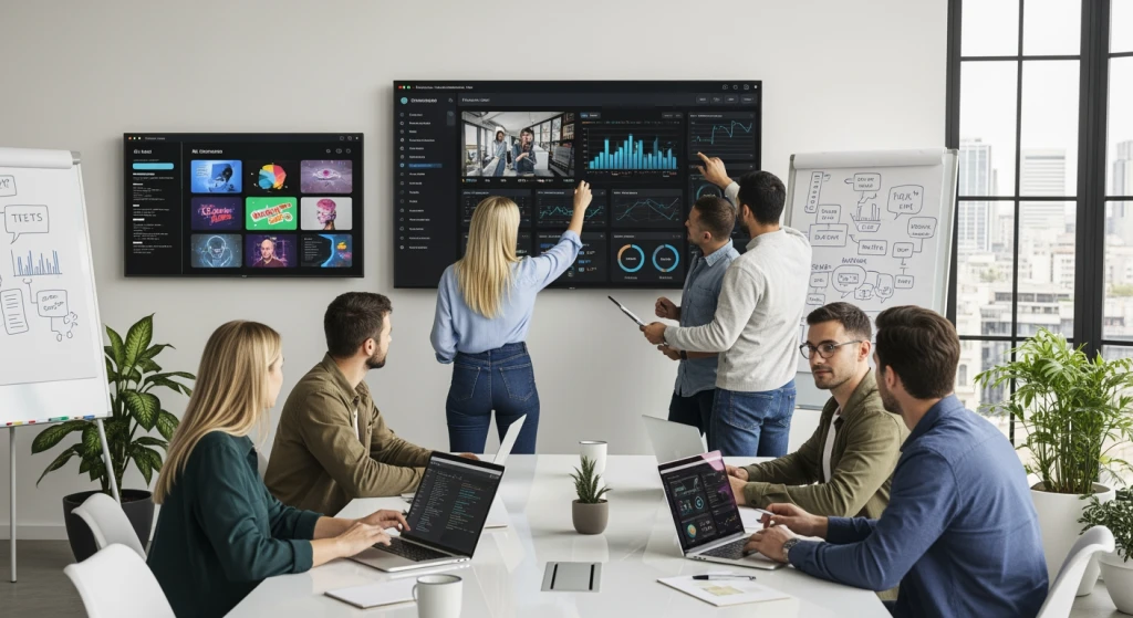 Equipe de startup colaborando na estratégia de conteúdo de vídeo usando ferramentas de IA e painéis de análise