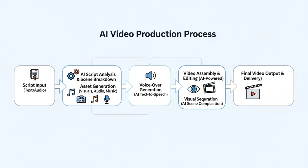 Fluxograma do processo de produção de vídeo com IA passo a passo com estágios de otimização de script