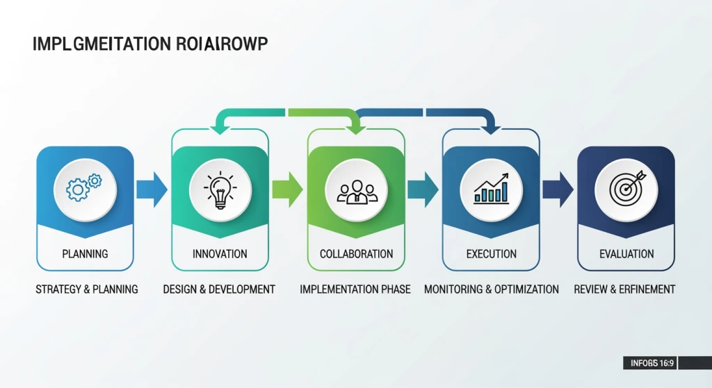 Diagrama de estrutura visual passo a passo mostrando 5 estágios conectados de implementação de IA com ícones e indicadores de progresso para empresas de médio porte