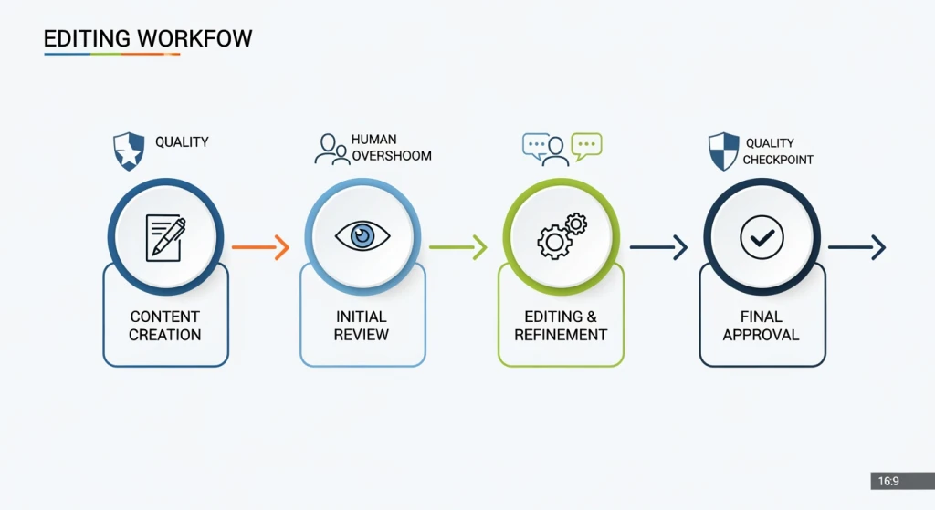 Diagrama de fluxo de trabalho passo a passo mostrando o processo de criação e edição de conteúdo de IA em quatro fases para otimização de SEO