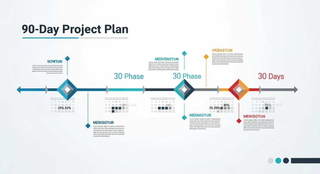 Visualização da linha do tempo do plano de implementação do piloto de IA de 90 dias com os principais marcos e pontos de controle