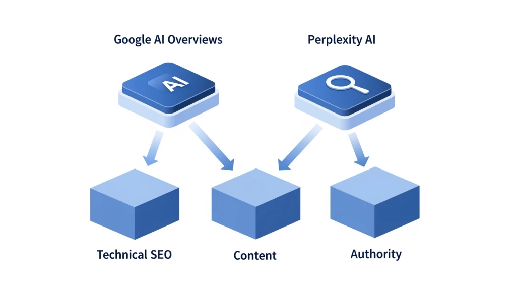 Diagrama dos fundamentos tradicionais de SEO mostrando a rastreabilidade, a qualidade do conteúdo e os backlinks como base para o sucesso da pesquisa de IA