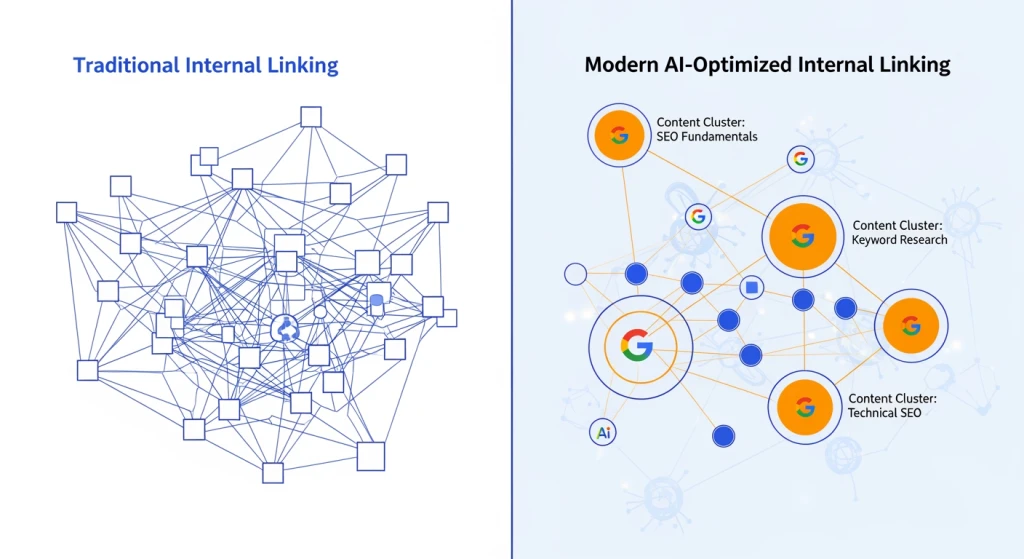 Visualização comparativa de estratégias de links internos tradicionais vs. da era da IA
