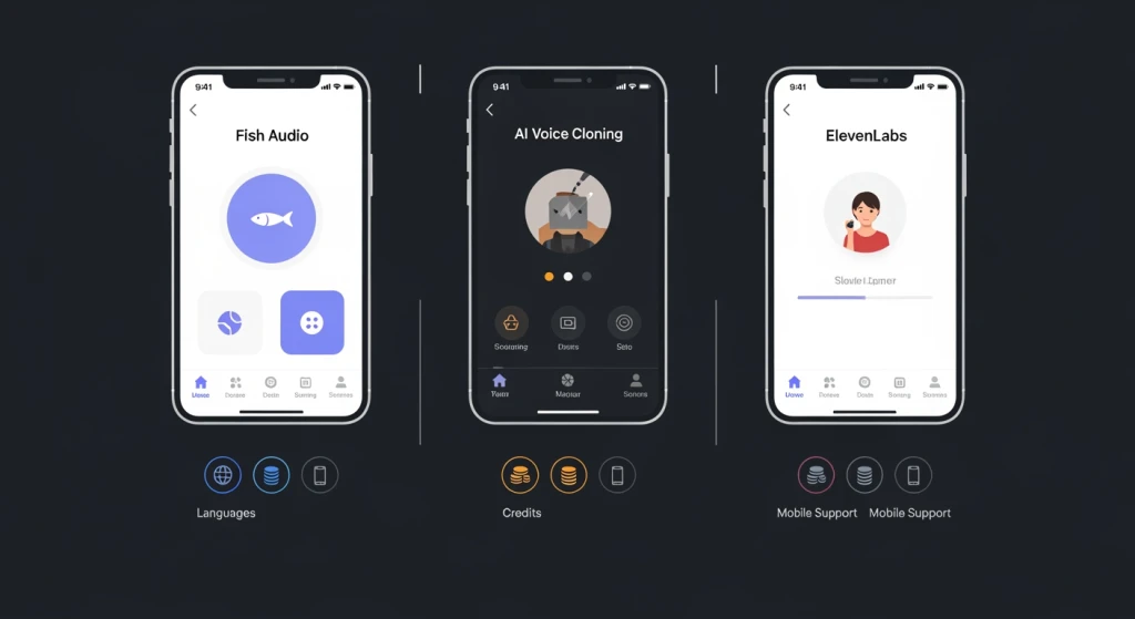 Comparação visual das ferramentas gratuitas de clonagem de voz com IA Fish Audio, aplicativo AI Voice Cloning e ElevenLabs