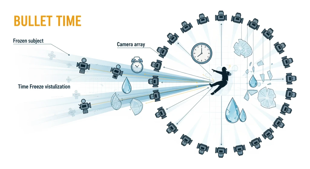 Explicação visual da mecânica do efeito bullet time mostrando o congelamento do tempo e o movimento da câmera