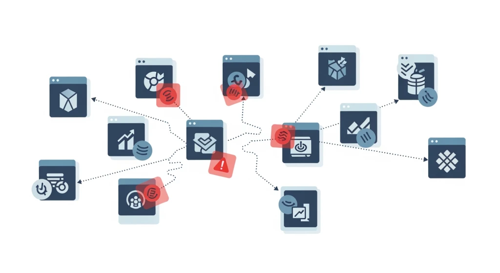 Representação visual de gargalos no fluxo de trabalho criados por ferramentas de marketing desconectadas, mostrando dados presos em silos