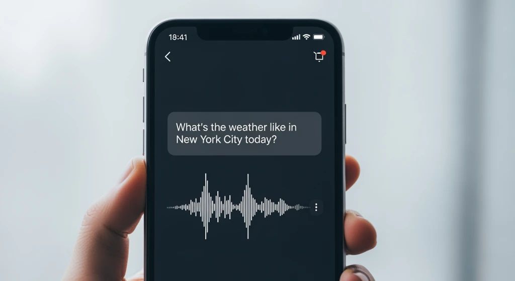 Interface de pesquisa por voz em um smartphone mostrando resultados de consultas de cauda longa conversacionais