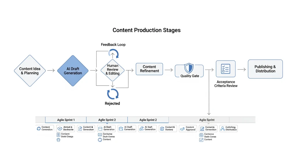 Diagrama de fluxo de trabalho que ilustra o processo de produção de conteúdo humano em loop com portas de qualidade e loops de feedback