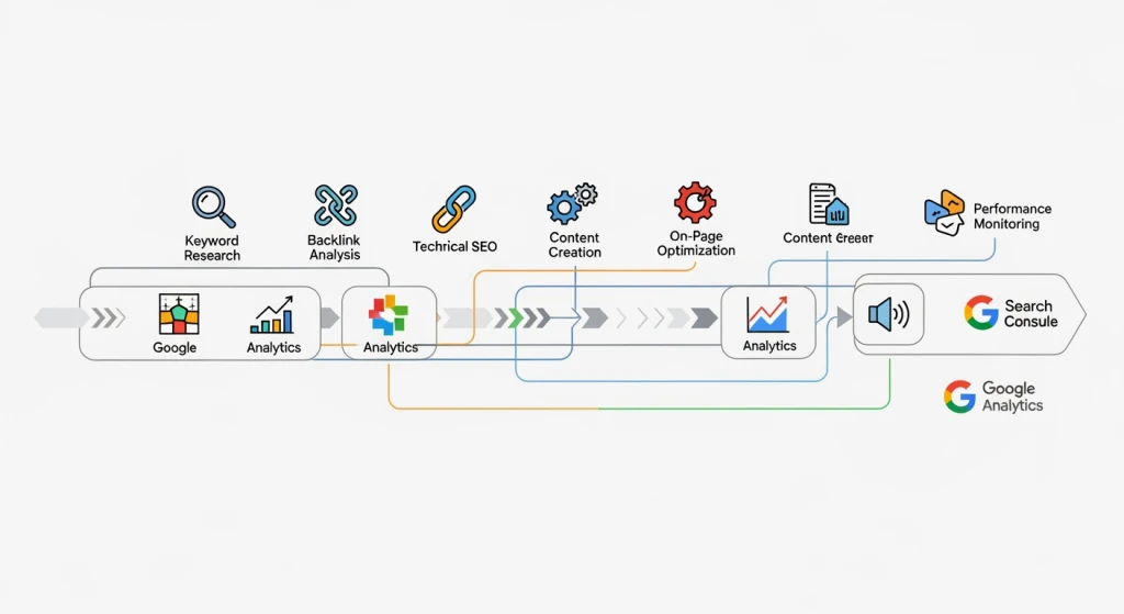 Diagrama de fluxo de trabalho que mostra a integração entre ferramentas gratuitas de IA para SEO e a pilha de marketing existente