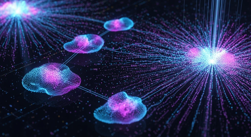 Mecanismo de busca alimentado por IA analisando conteúdo global com visualização de colapso semântico
