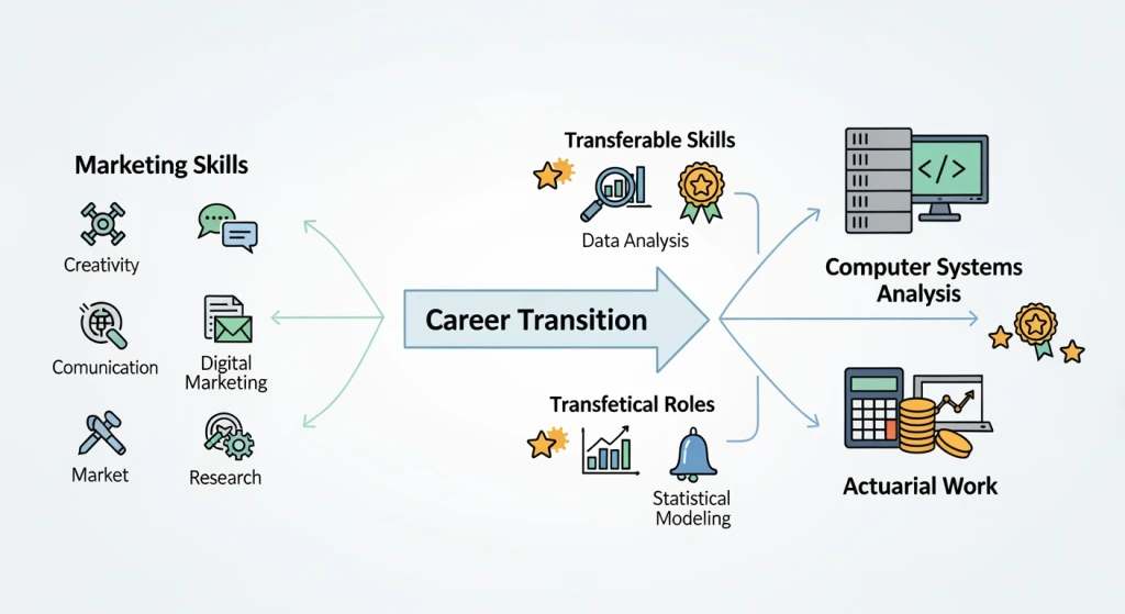 Transição de carreira do marketing para funções analíticas, como analista de sistemas de computador e atuário com diagrama de transferência de habilidades