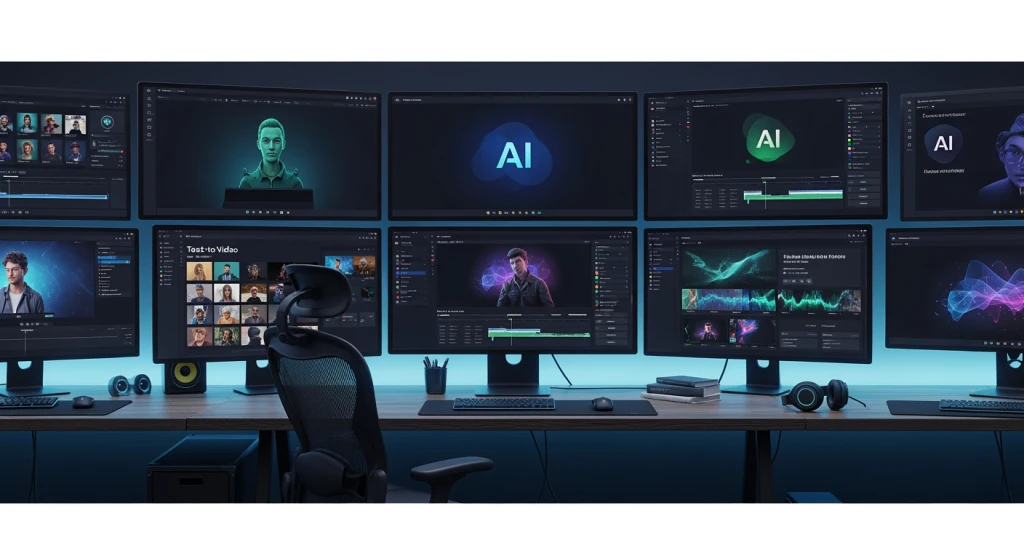 Coleção de ferramentas de criação de vídeos musicais com IA e interfaces de software exibidas em telas