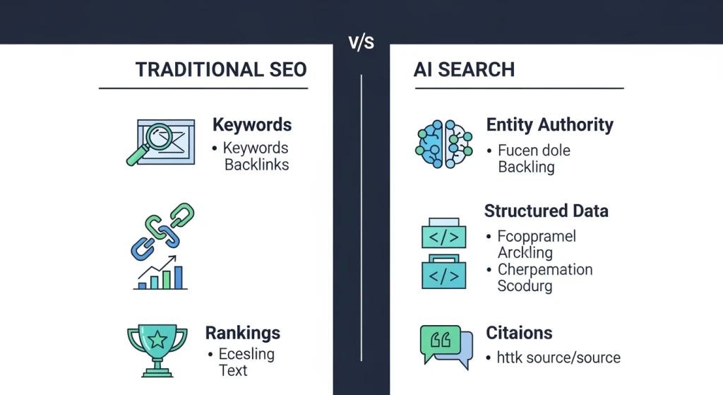Gráfico de comparação mostrando estratégias e metodologias tradicionais de SEO versus otimização de pesquisa com IA