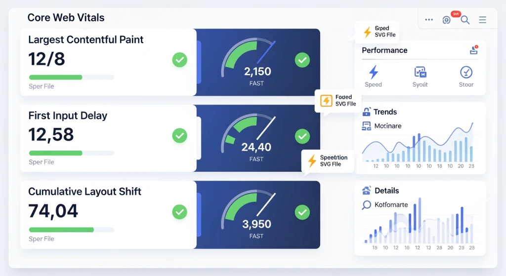 Painel do Core Web Vitals mostrando melhorias no LCP com otimização de SVG para velocidade de página