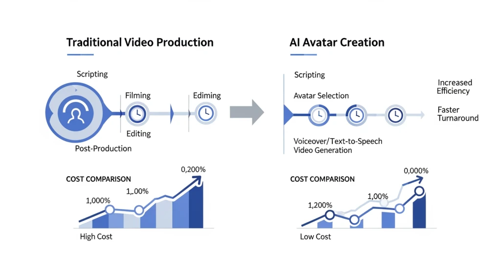 Comparação da transformação do treinamento corporativo mostrando o cronograma de produção de vídeo tradicional vs. avatar de IA e a redução de custos
