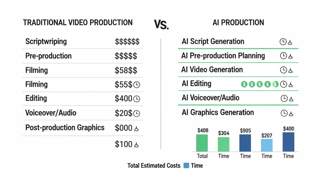Gráfico de comparação de custos mostrando as despesas de produção de vídeo musical tradicional vs. IA