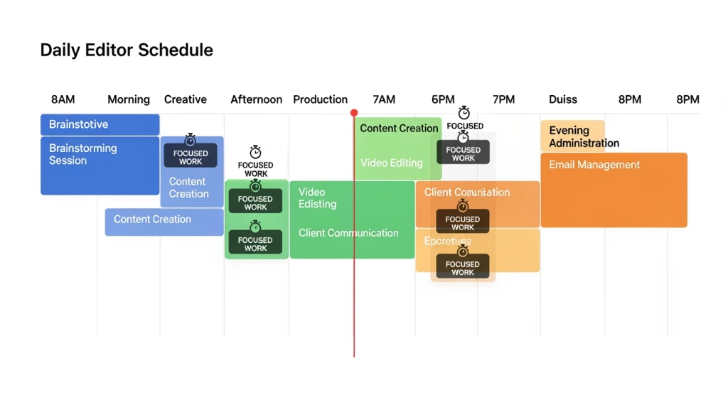 Visualização do cronograma diário mostrando tarefas de edição de vídeo em lote organizadas por blocos de tempo para produtividade ideal e troca de contexto reduzida