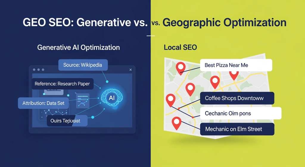 Diagrama mostrando duas definições de SEO GEO: otimização de mecanismo generativo para citações de IA versus direcionamento de SEO local geográfico