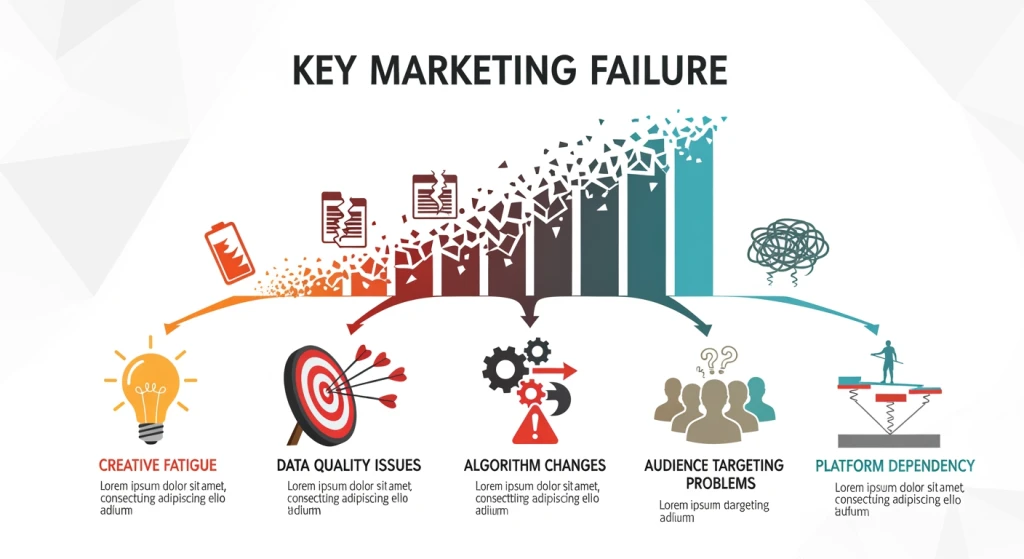 Cinco principais motivos para o fracasso da estratégia de marketing ilustrados como elementos interconectados
