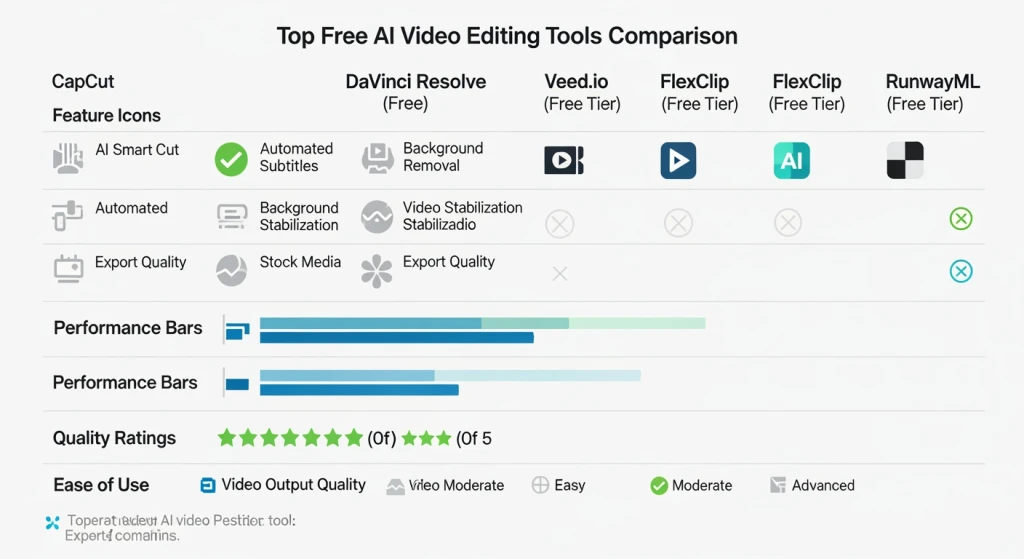 Gráfico comparativo de ferramentas de edição de vídeo com IA gratuitas com métricas de desempenho e recursos