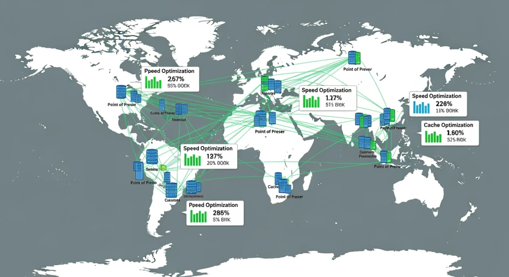 Mapa da infraestrutura de rede CDN global mostrando a otimização do desempenho de sites internacionais