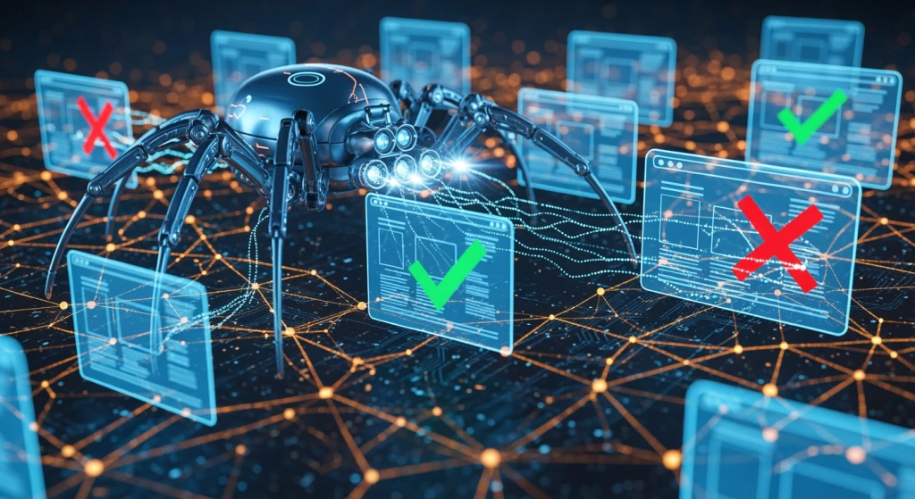 Rastreador do Google inspecionando páginas da Web com algumas marcadas como de baixo valor e excluídas do índice