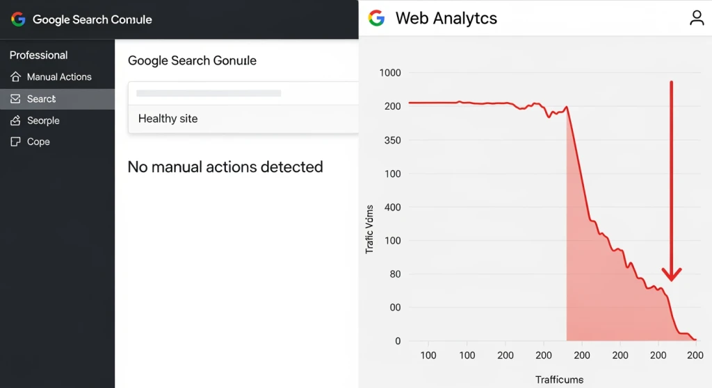 Interface de ações manuais do Google Search Console vs. detecção de penalidades algorítmicas