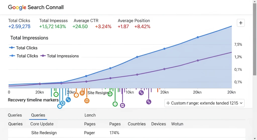 Painel de desempenho do Google Search Console mostrando o progresso da recuperação de penalidades