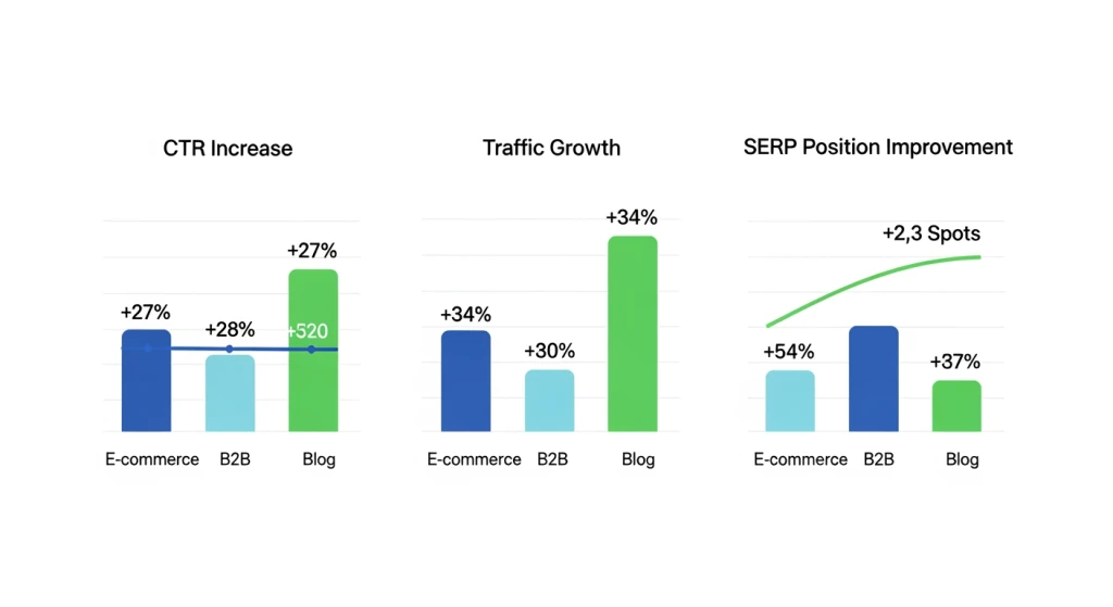 Gráfico de benchmark setorial mostrando melhorias de CTR e tráfego com a implementação do schema FAQPage em múltiplos setores