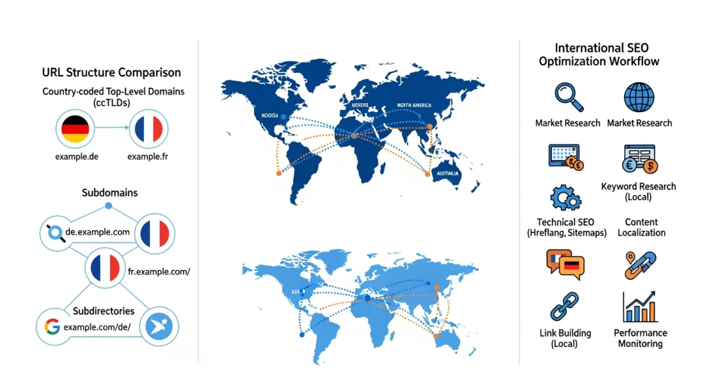 Diagrama da estrutura de SEO internacional mostrando opções de estrutura de URL e estratégia de otimização global