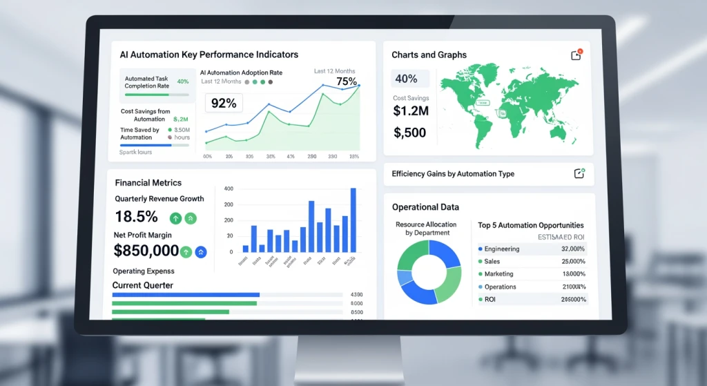 Painel de KPIs mostrando métricas financeiras e operacionais para medição do sucesso da automação de IA