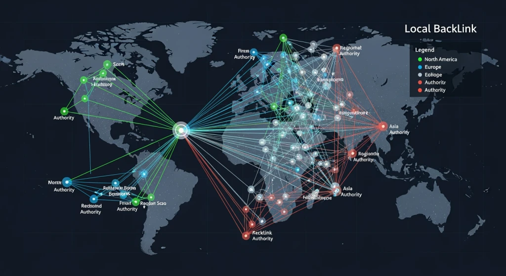 Visualização da estratégia de backlink building local mostrando a autoridade regional e as redes de links