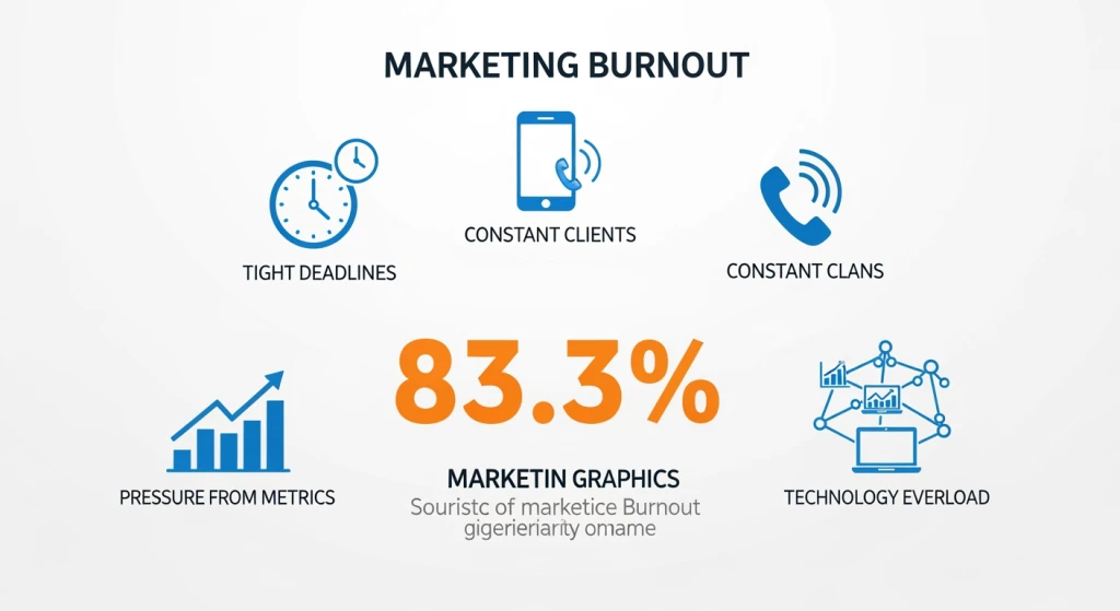 Visualização de estatísticas de burnout de marketing mostrando 83,3% de taxa de burnout com fatores de estresse como prazos constantes, crises de clientes e mudanças de tecnologia