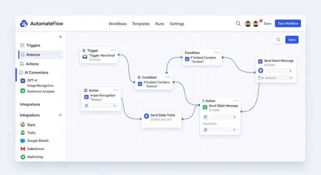 Interface da plataforma de automação sem código mostrando o construtor de fluxo de trabalho e as opções de integração de IA
