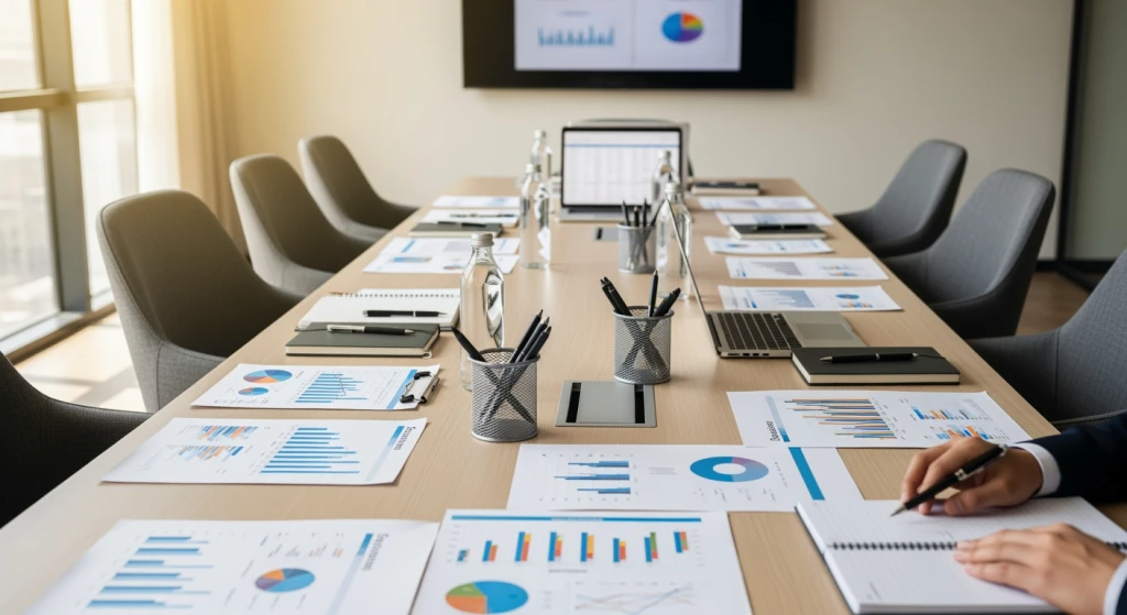 Configuração de sala de reunião profissional mostrando discussão de definição de limites entre o gerente de marketing e o proprietário da empresa