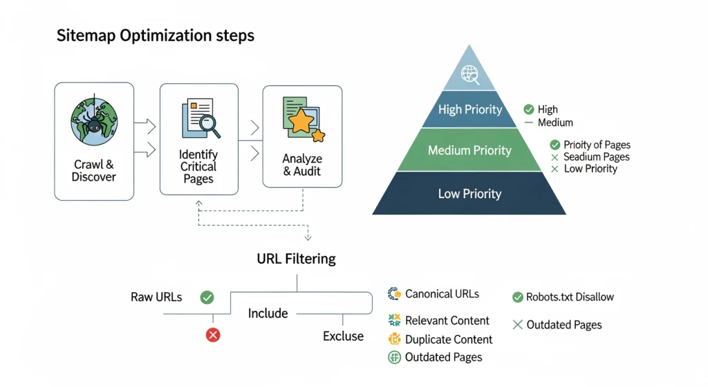 Gerente de SEO implementando práticas recomendadas de sitemap XML com hierarquia de prioridades e estrutura de URL limpa