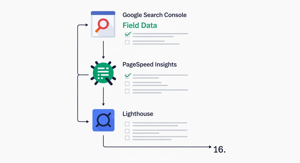 Matriz de prioridades do gerente de SEO mostrando as ferramentas de monitoramento Core Web Vitals, incluindo o fluxo de trabalho do Google Search Console e do PageSpeed Insights