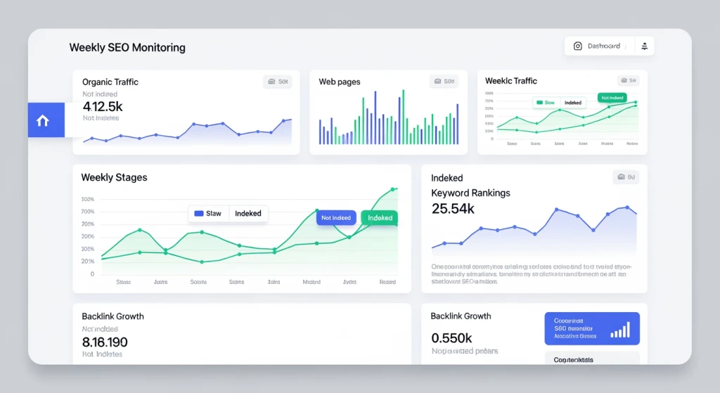 Painel de monitoramento de SEO mostrando o acompanhamento semanal do progresso e as métricas de recuperação