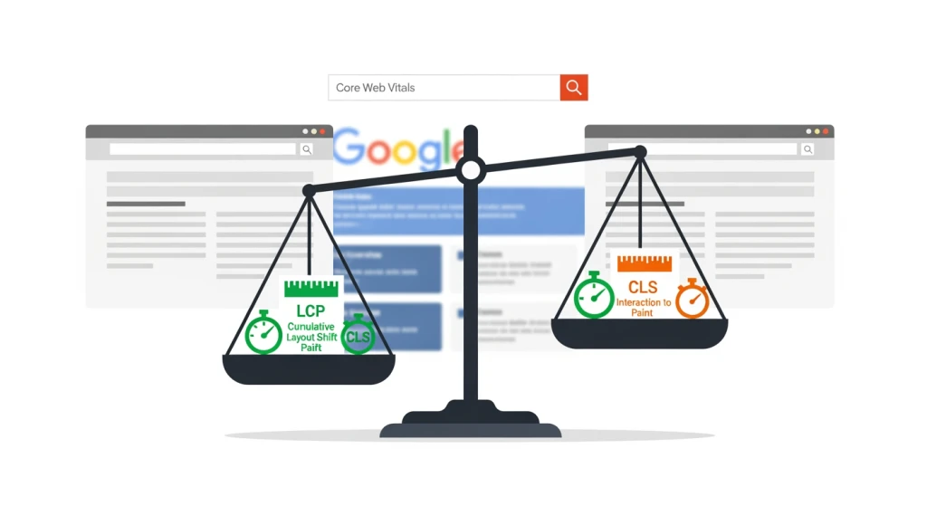 Diagrama de desempate de classificação de SEO mostrando o Core Web Vitals como um sinal de experiência de página entre duas páginas concorrentes