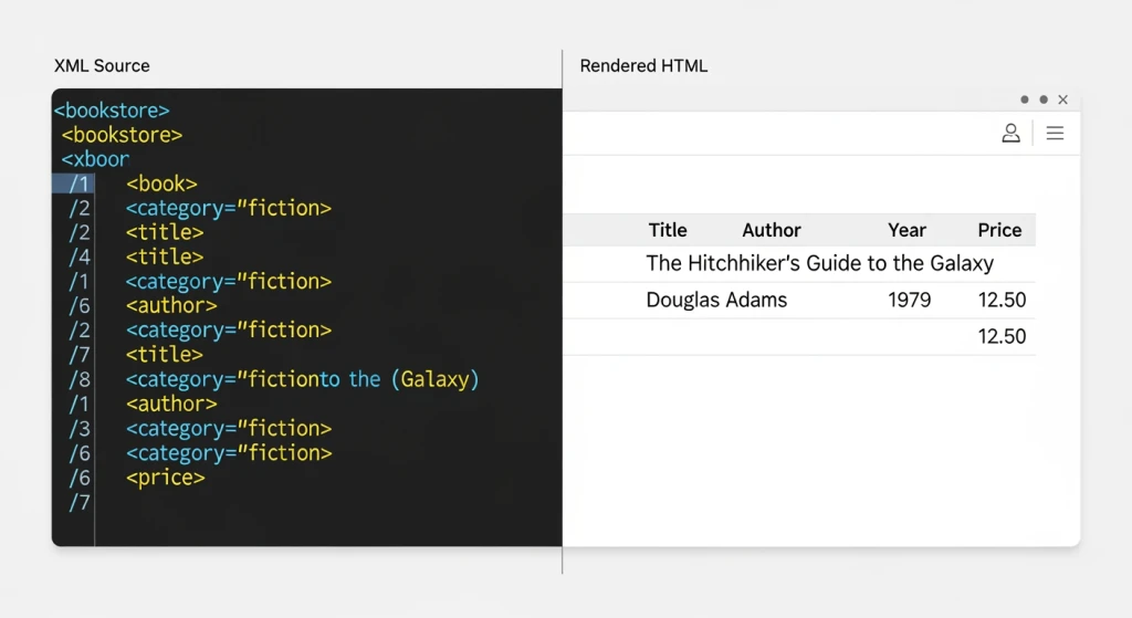 Comparação lado a lado da estrutura de código do sitemap XML com o layout da página do sitemap HTML para SEO