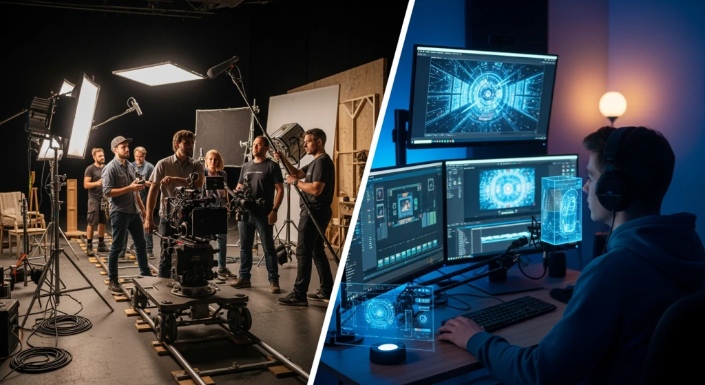 Comparação de tela dividida da equipe de filmagem tradicional com a configuração de criação de conteúdo com tecnologia de IA