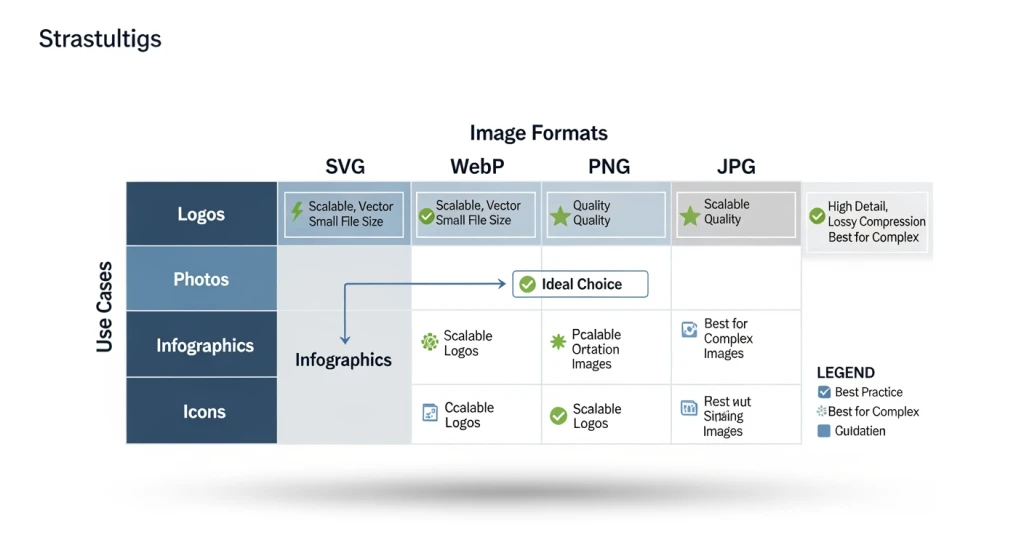 Diagrama estratégico mostrando a seleção ideal do formato de imagem para diferentes tipos de conteúdo e objetivos de SEO