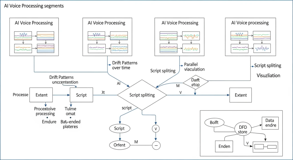 Diagrama técnico mostrando padrões de desvio de voz de IA e problemas de divisão de script em conteúdo de formato longo