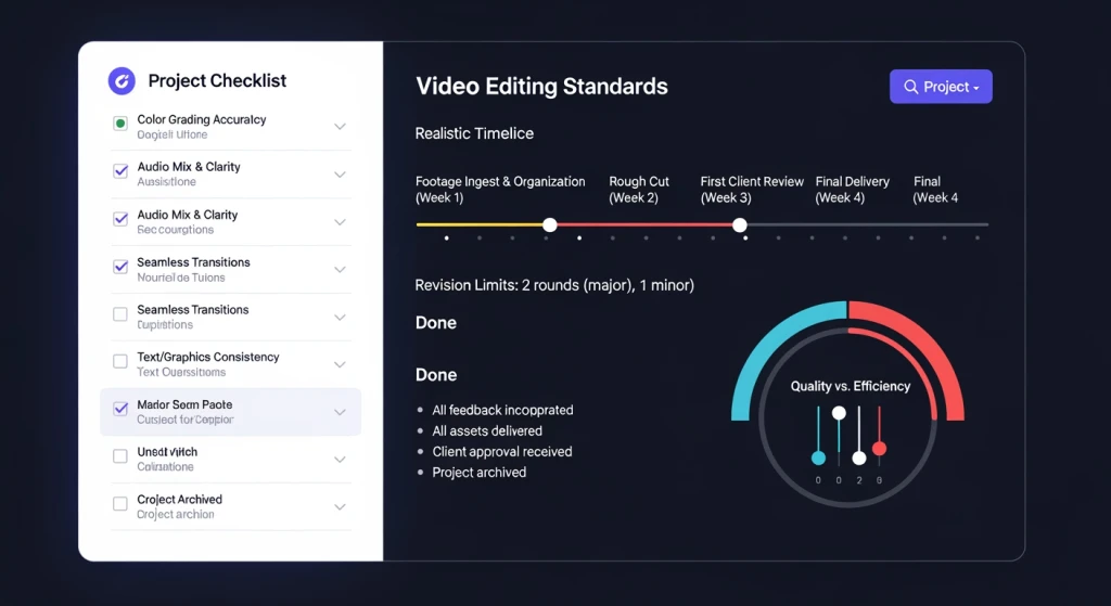 Lista de verificação de padrões de qualidade de projetos de vídeo e linha do tempo mostrando expectativas realistas versus perfeccionismo em fluxos de trabalho de edição de vídeo