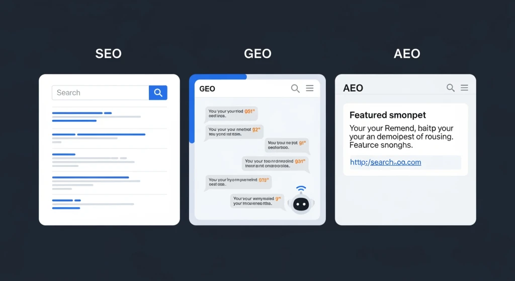 Comparação visual de SEO, GEO e AEO mostrando diferentes alvos de otimização: classificações de pesquisa, citações de IA e snippets em destaque