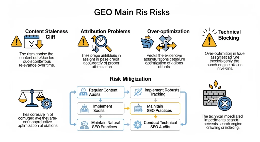 Infográfico em estilo de aviso que mostra os riscos de GEO, incluindo a obsolecência do conteúdo, desafios de atribuição e perigos de otimização excessiva
