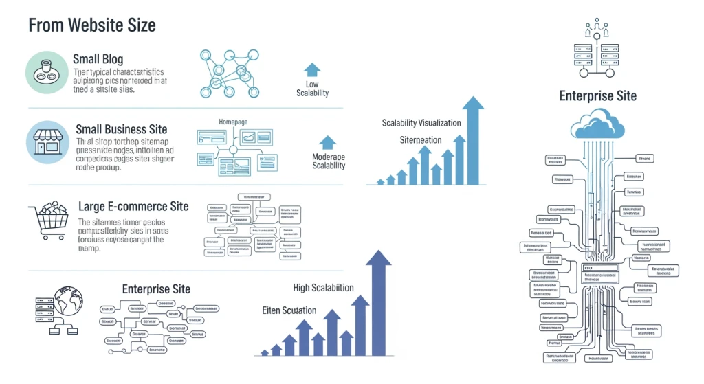 Comparação de escala de site mostrando diferentes tamanhos de site e seus requisitos de otimização de sitemap XML