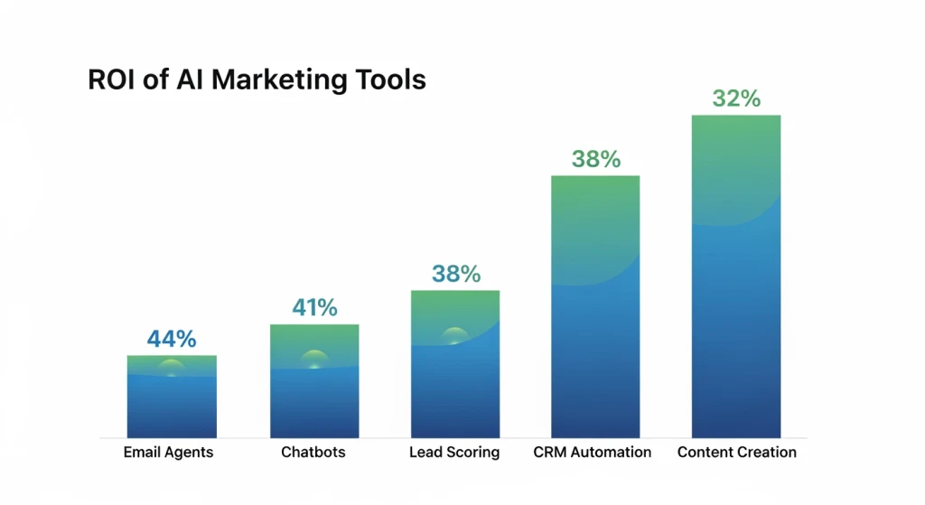 Gráfico de comparação de ROI de ferramenta de marketing de IA mostrando agentes de e-mail com 44% de chatbots líderes com 41% e pontuação de leads com 38% para PMEs