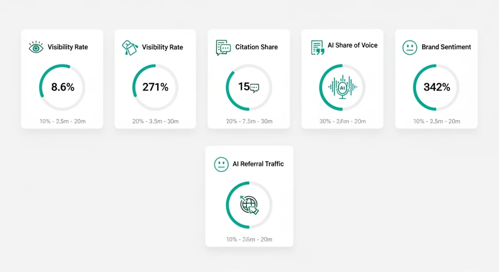 Tabela de comparação de KPIs de visibilidade de pesquisa de IA mostrando taxa de visibilidade, participação de citações, participação de voz de IA e métricas de sentimento da marca com intervalos de referência
