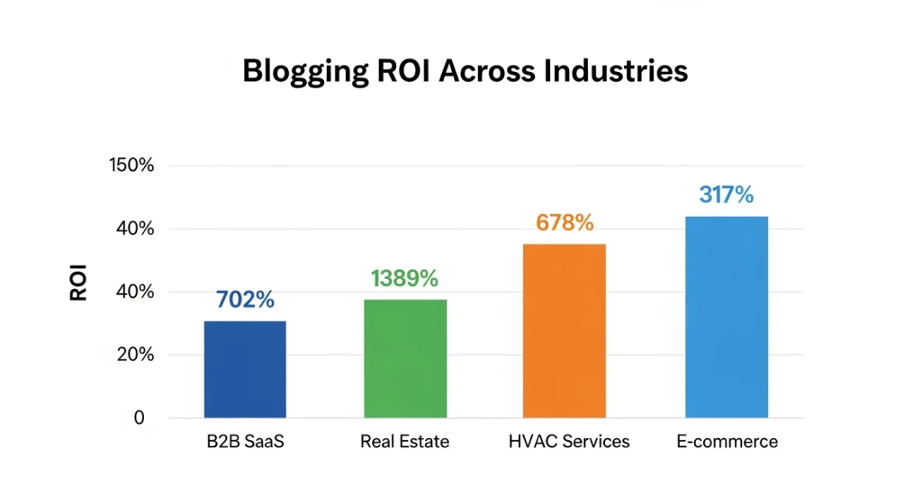 Comparação de ROI de blogs entre setores em 2026 incluindo B2B SaaS, imobiliário, HVAC e e-commerce